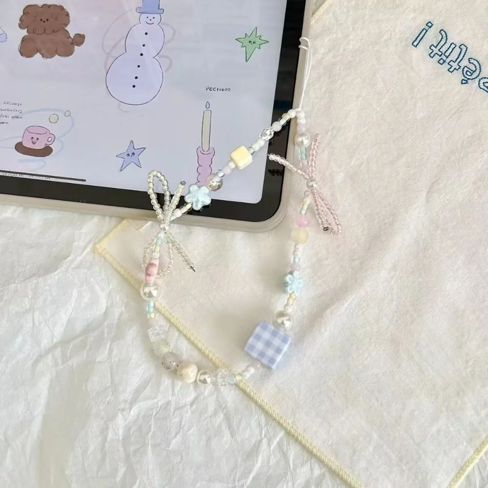 Instagram Style Girl's Blue Pink Flower Bow Phone Case Chain, CCD Camera Decoration Hanging Rope with Anti-Release Lifting Rope