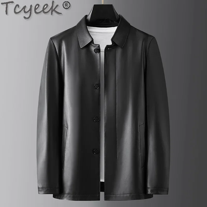 Tcyeek Real Leather Jacket Men Business Casual Sheepskin Coats Spring Autumn Clothes Mid-length Suit Coat Jaqueta De Couro 2025