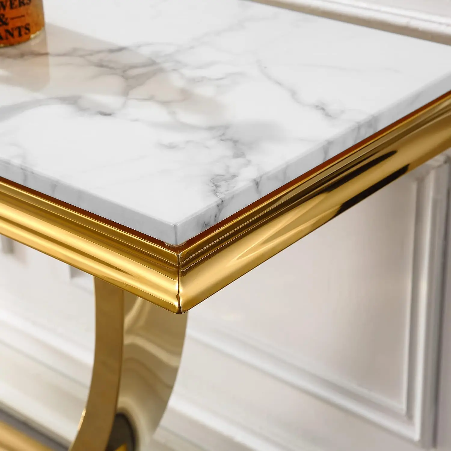 47" White Faux Marble Console Table Gold U-Shape Base Mirrored Stainless Steel Frame Entryway Living Room Hallway, Customized view 6