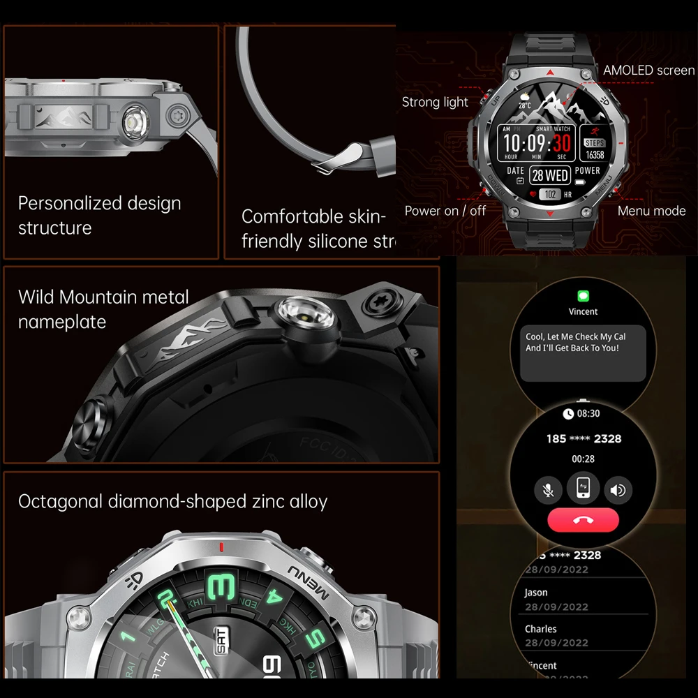 Smartwatch T-REX 3 z funkcją połączeń Bluetooth, GPS, dla mężczyzn, zegarek wojskowy outdoorowy, wodoodporność 10ATM, światła LED, monitorowanie stanu zdrowia.