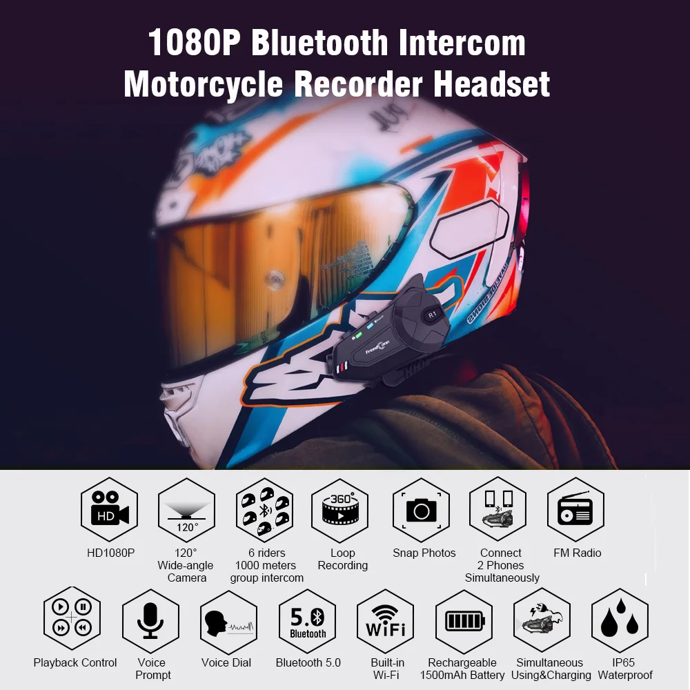 Freedconn R1 Plus Motorcycle Bluetooth 5.0 Helmet Headset Intercom Wifi Recorder Group HD 1080P Video FM 6 Riders Interphone DVR