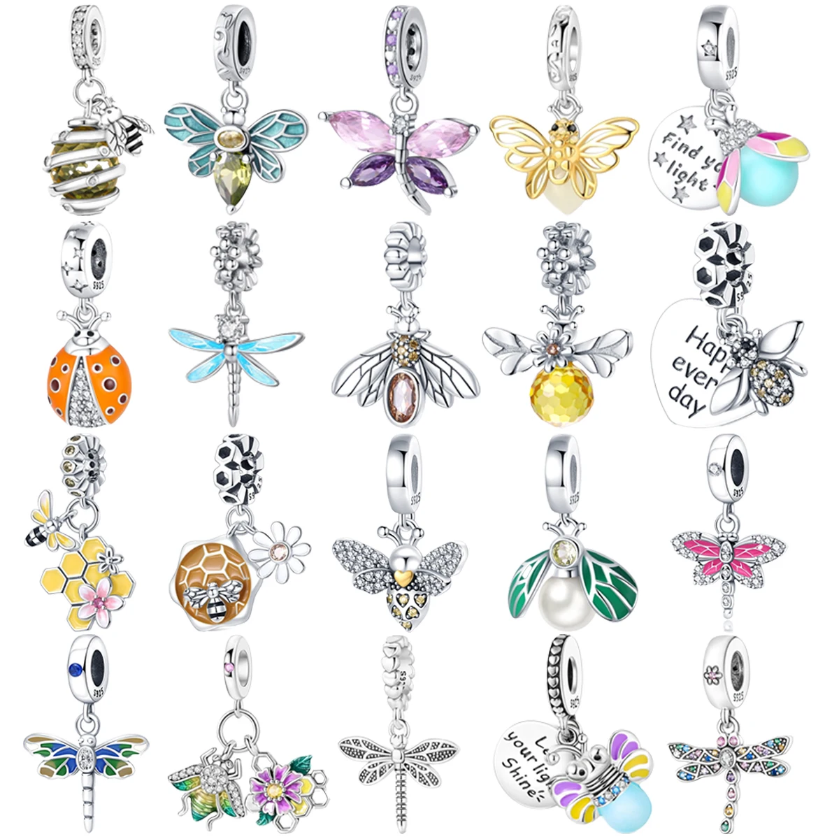 

Original 925 Charms Sterling Silver Bee Dragonfly Firefly Ladybug Flower Pendant for Pandora DIY Bracelet Ladies Jewellery Gift