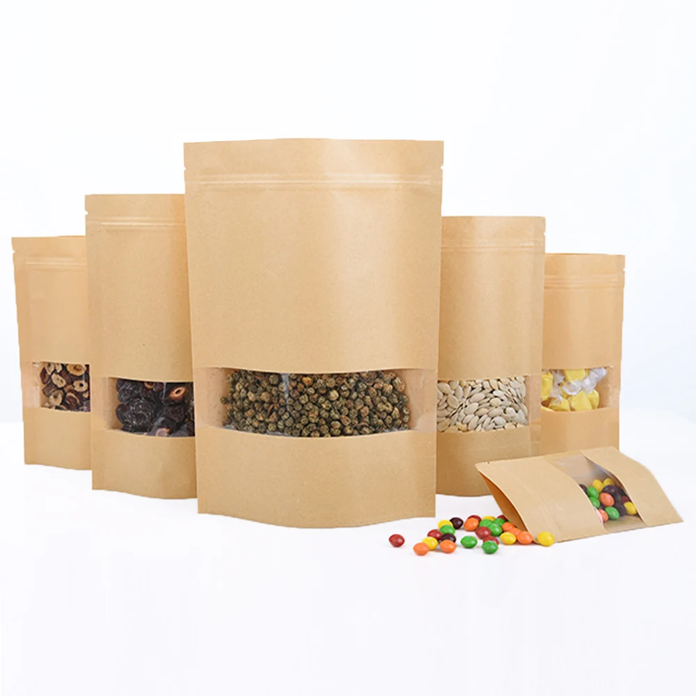 

100pcs Kraft Paper Stand Up Zipper Food Storage Bags with Window Doypack Reclosable Food Snacks Nut Package Zip Lock Pouch