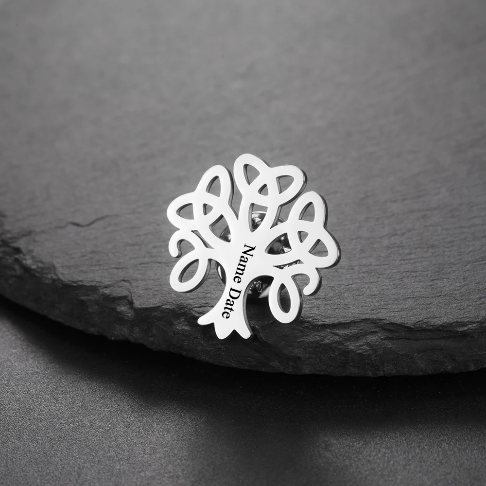 Sipuris Lebensbaum, personalisierte Anstecknadel mit Gravur von Namen und Datum, für Damen und Herren, aus Edelstahl, personalisiertes Namensschild, modischer Schmuck. – Detail 9