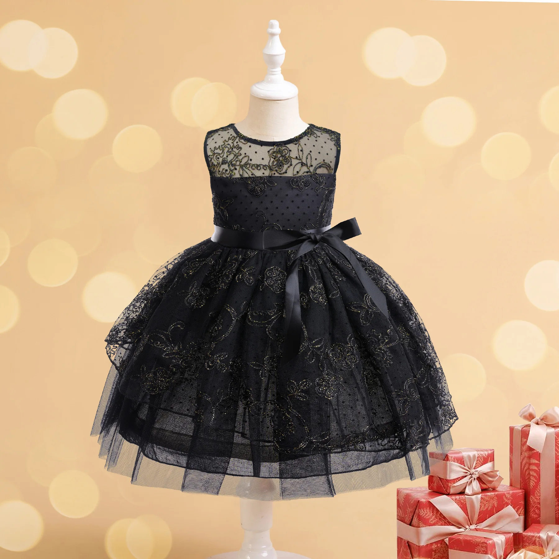 

2025 New Embroidery Girls Dress Summer Mesh Fashion Little Princess Dress Birthday Gift New Children's Clothing, For 2-10 Years