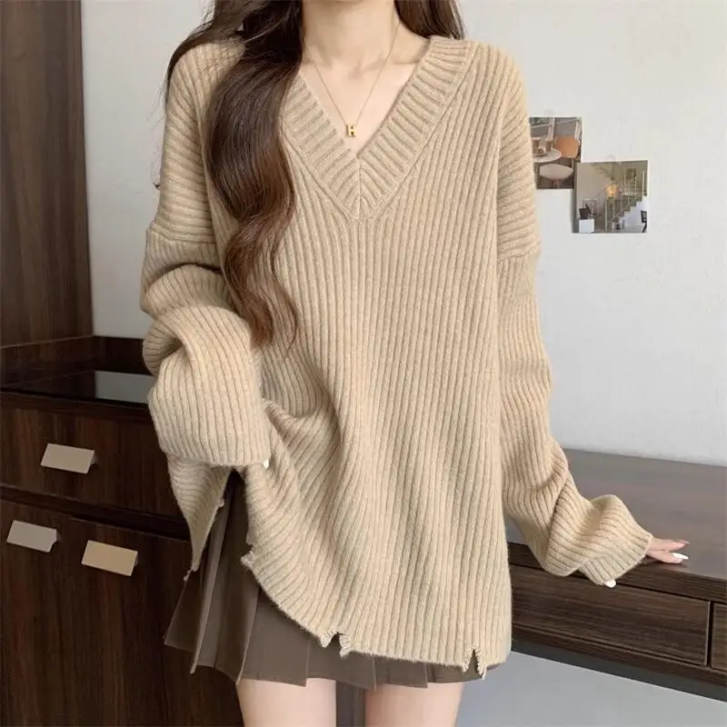 

V-neck mid-length sweater for women autumn and winter 2024 autumn bottoming shirt with loose lazy style tops Hot