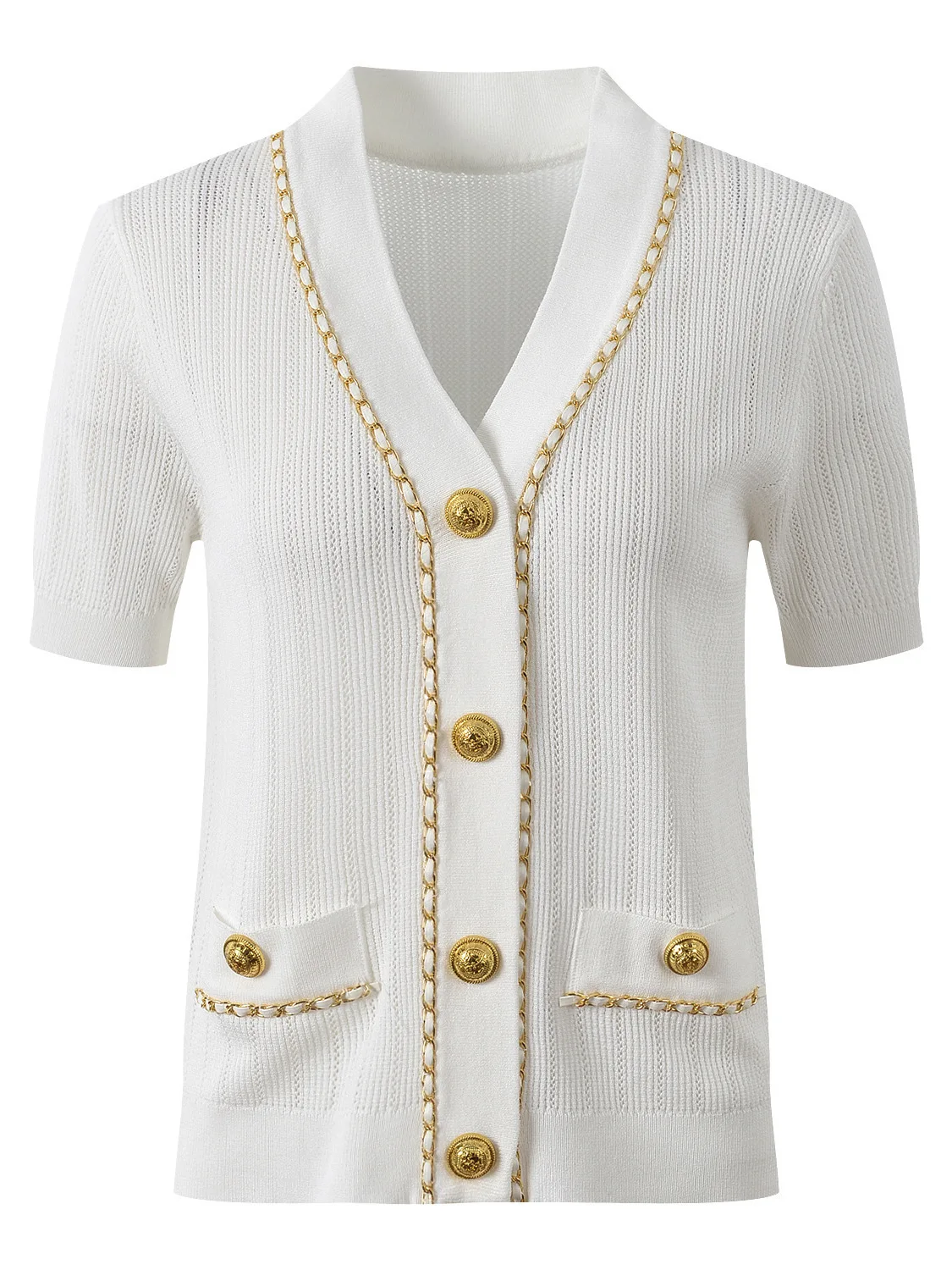 

Spring 2026 Luxury Sle ort Sve V-Ne Knitted Open Cardigan Slim Fit Metal Bule Ele Chain Ladylike Faion Women...