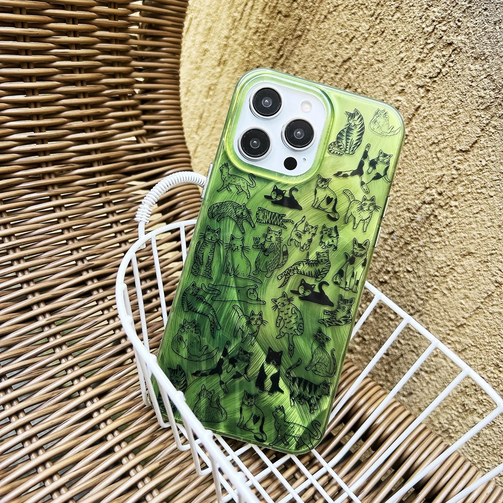 Green Retro Cute Graffiti Line Cat Phone Cover Case for iPhone 16 15 14 13 Pro Max