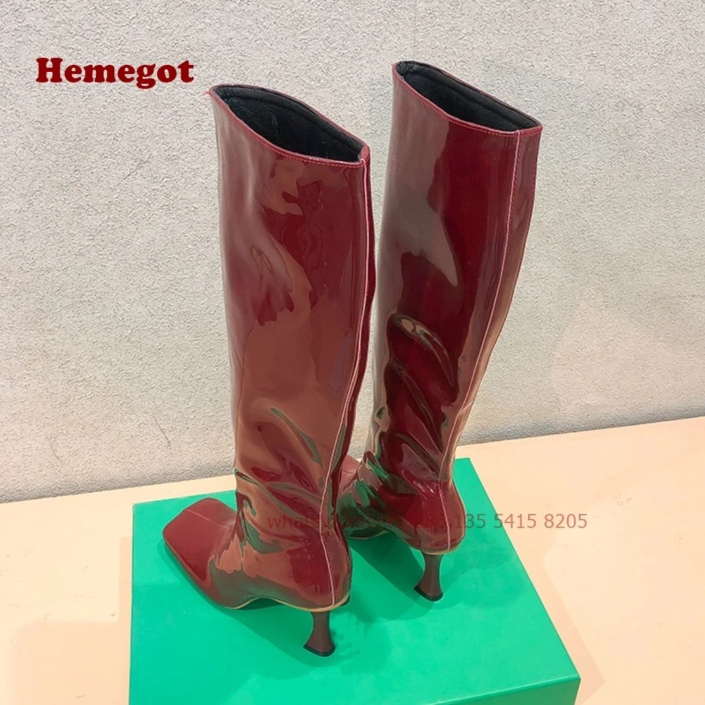 Burgundy Patent Leather Knee High Boots Square Toe Kitten Heels Women\'s Boots Winter Glossy Slip On Casual Shoes Luxury Autumn