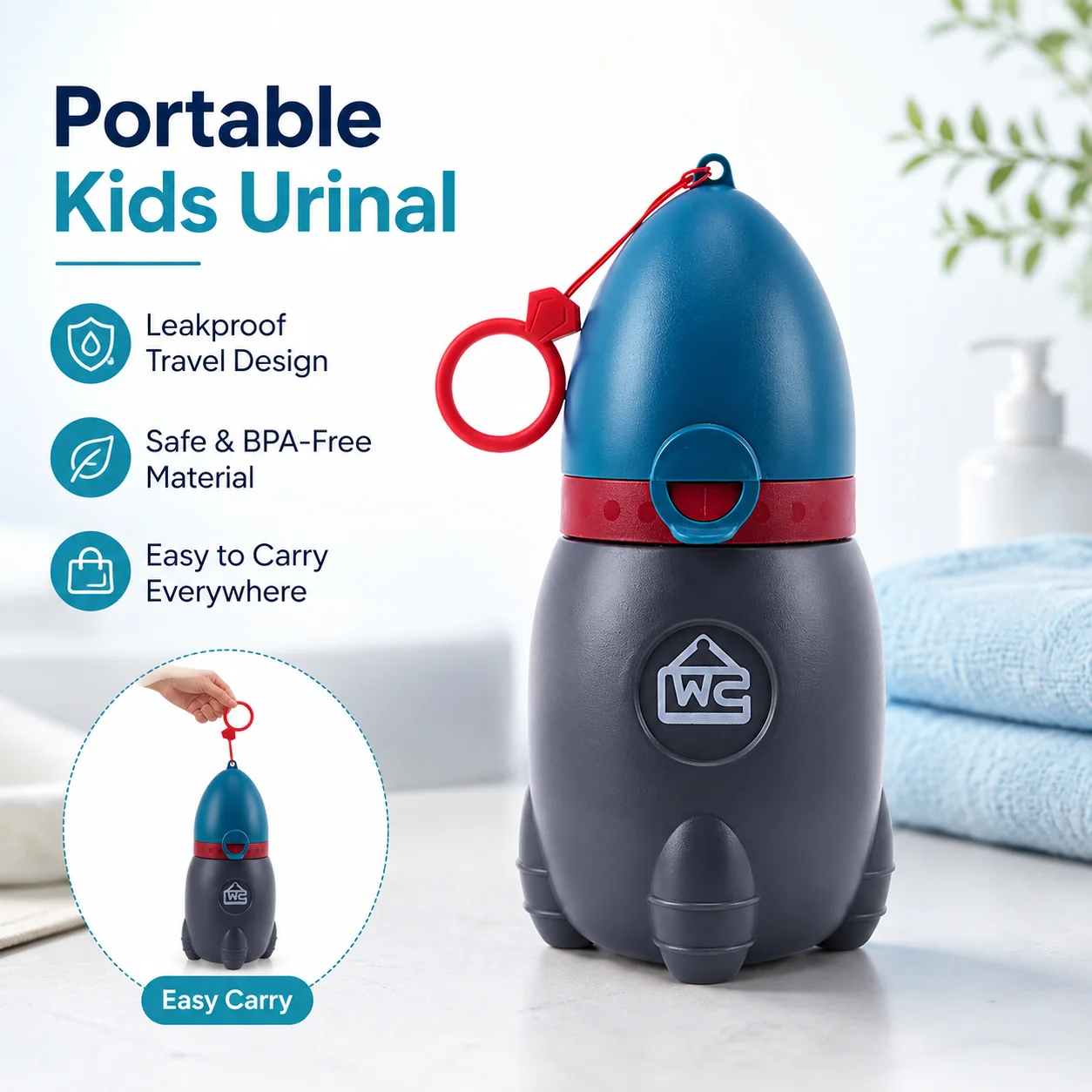 Leakproof Rocket Kids Portable Urinal Travel Toddler Pee Bottle With Carry Lanyard Outdoor Camping Car Emergency Mobile Potty