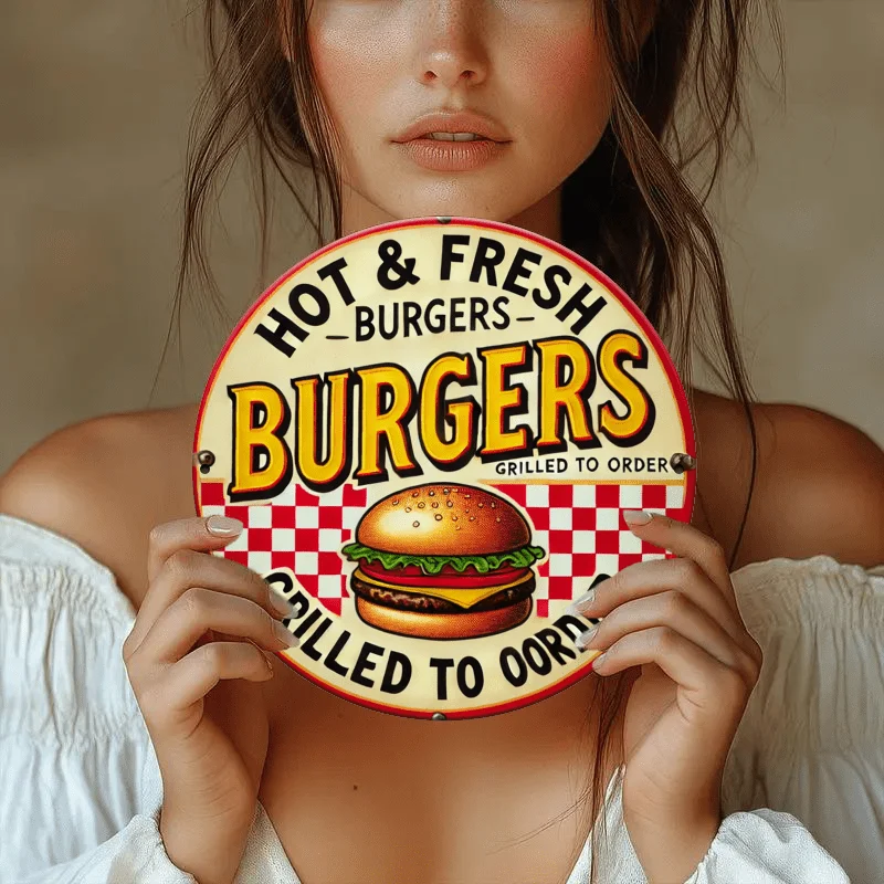 1pc Vintage Artificial Wood Burger Sign - 8 Inch Round 