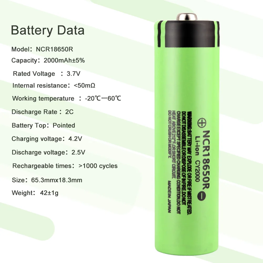 1-10PCS NCR18650R 2000MAH 3.7V 18650 Rechargeable Battery Lithium Batteries High Performance Li-ion Cell (Pointed,non-standard)