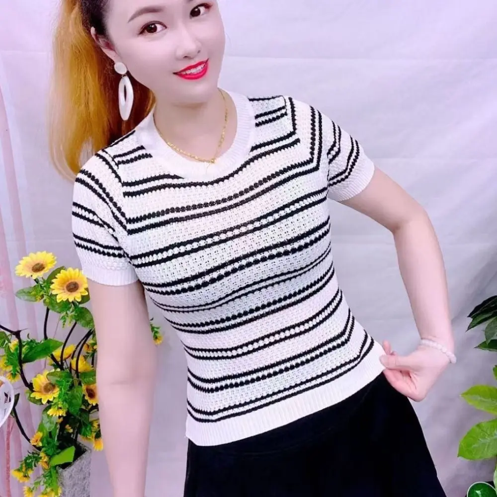 

Fashion Ins Short Sleeve Crop Top Slim Fit Sweet Stripe Knitted T-shirt Female Clothing Bottoming Shirt Knitwear Women Summer