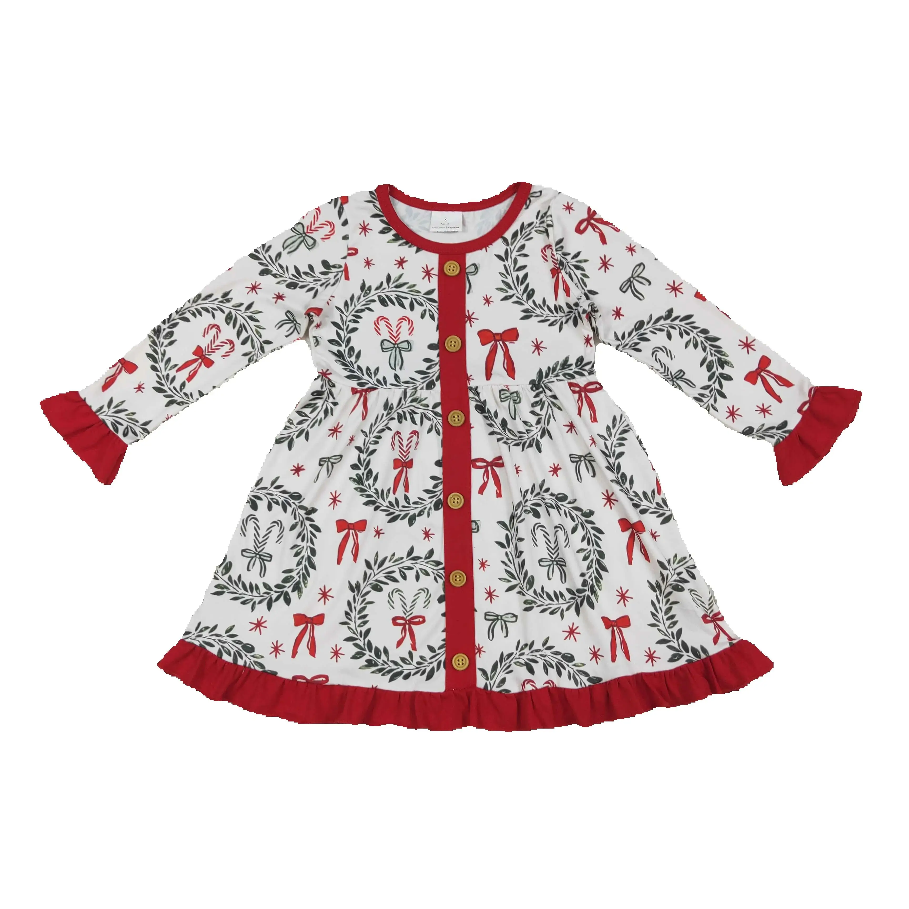 

New rts Baby Girl Christmas Bows Print Long Sleeve Dress Sweet Wholesale Kids Boutique Clothing