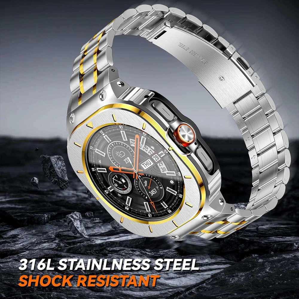 Capa Protetora Robusta de Aço Inoxidável + TPU com Pulseira para Samsung Galaxy Watch 7 Ultra 47mm, Bracelete Esportivo para Galaxy Watch Ultra