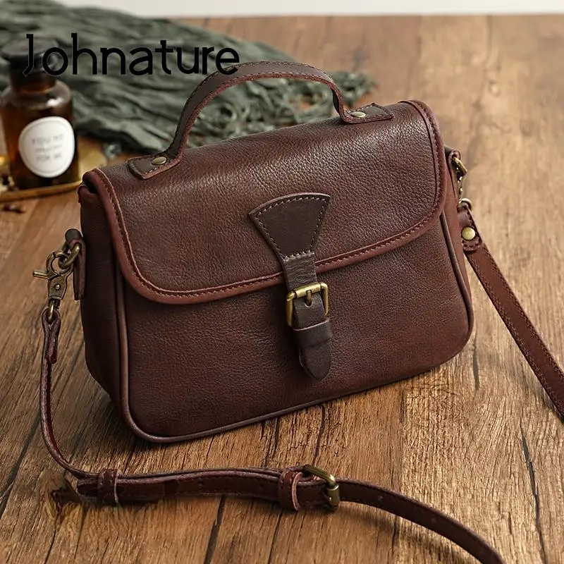 Johnature Retro Genuine Leather Women Messenger Bag Simple Solid Color Natural Soft Cowhide Versatile Shoulder & Crossbody Bags