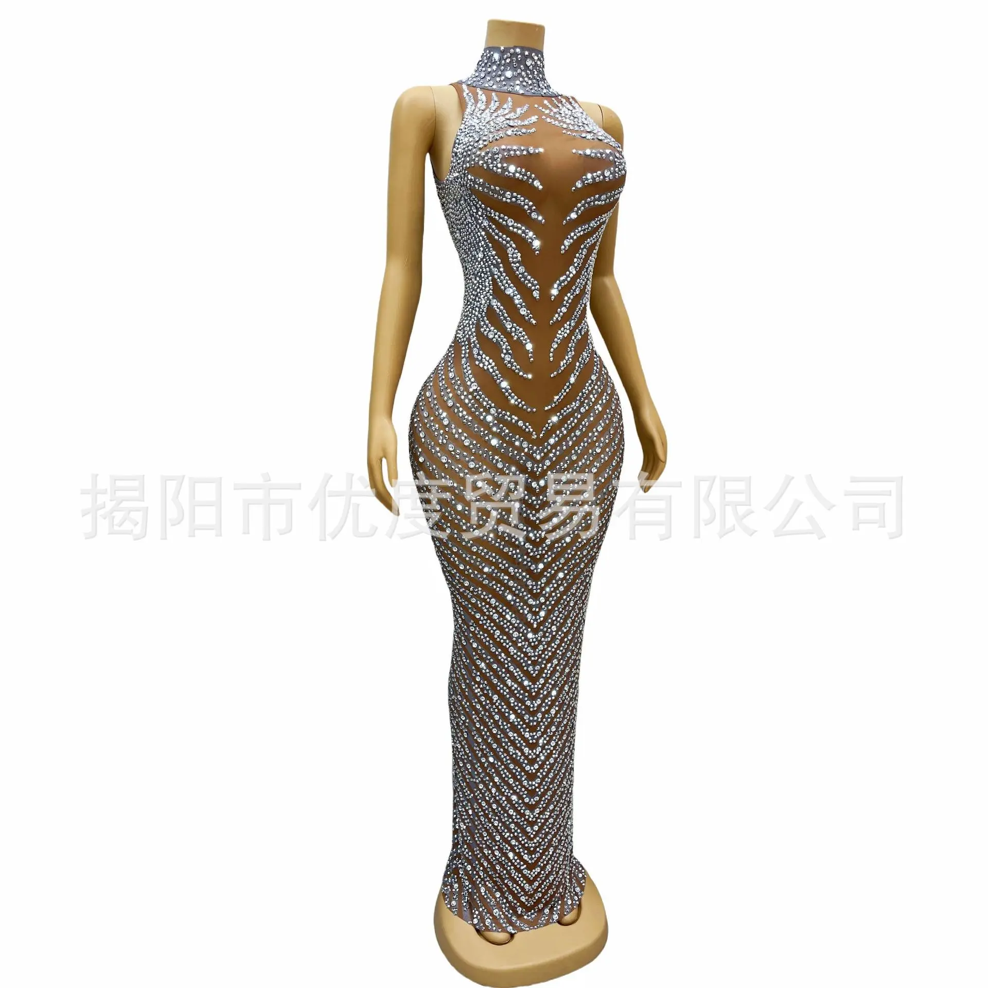Designer Model Bright Perspective Mesh Rhinestone Birthday DJ Cocktail Party Night Dress Performance Crack Vestido Festa Luxuoso