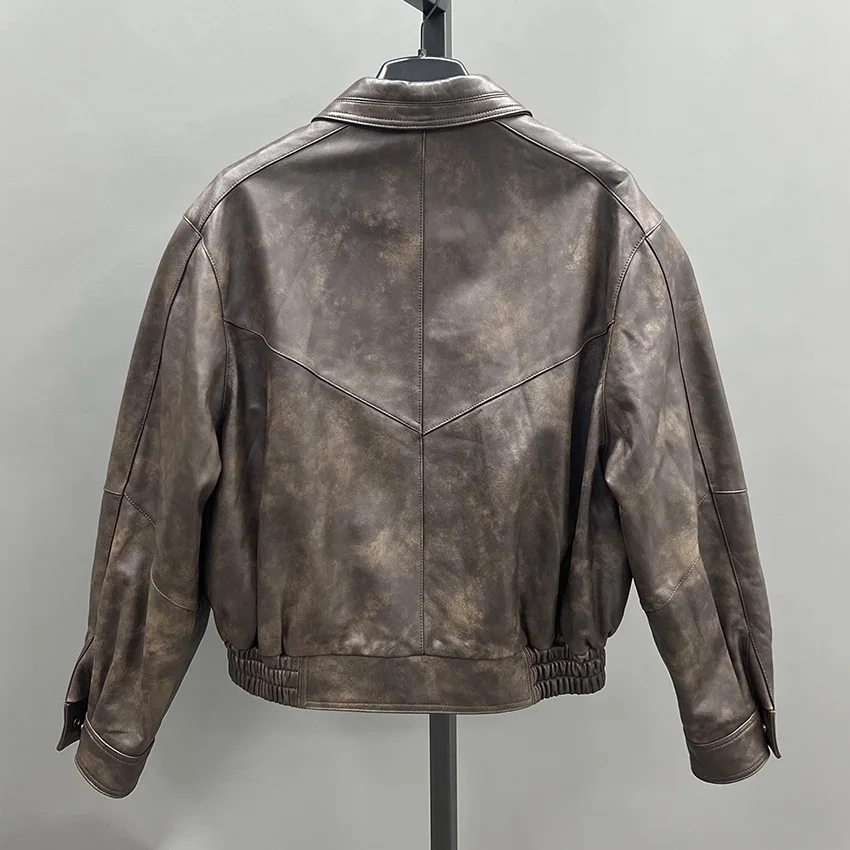 JANEFUR Giacca da donna in vera pelle Retro Marrone Vera pelle di pecora Giacche Cappotti Moda Autunno Chic Donna Casual JFB6-25007