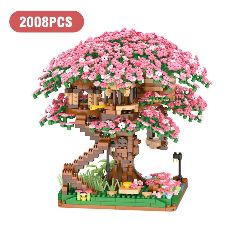 Juego de bloques de construcción modelo Sakura Treehouse para niña adulta, 2008 piezas, bricolaje, creativo, flor de cerezo, casa del árbol, regalo de decoración