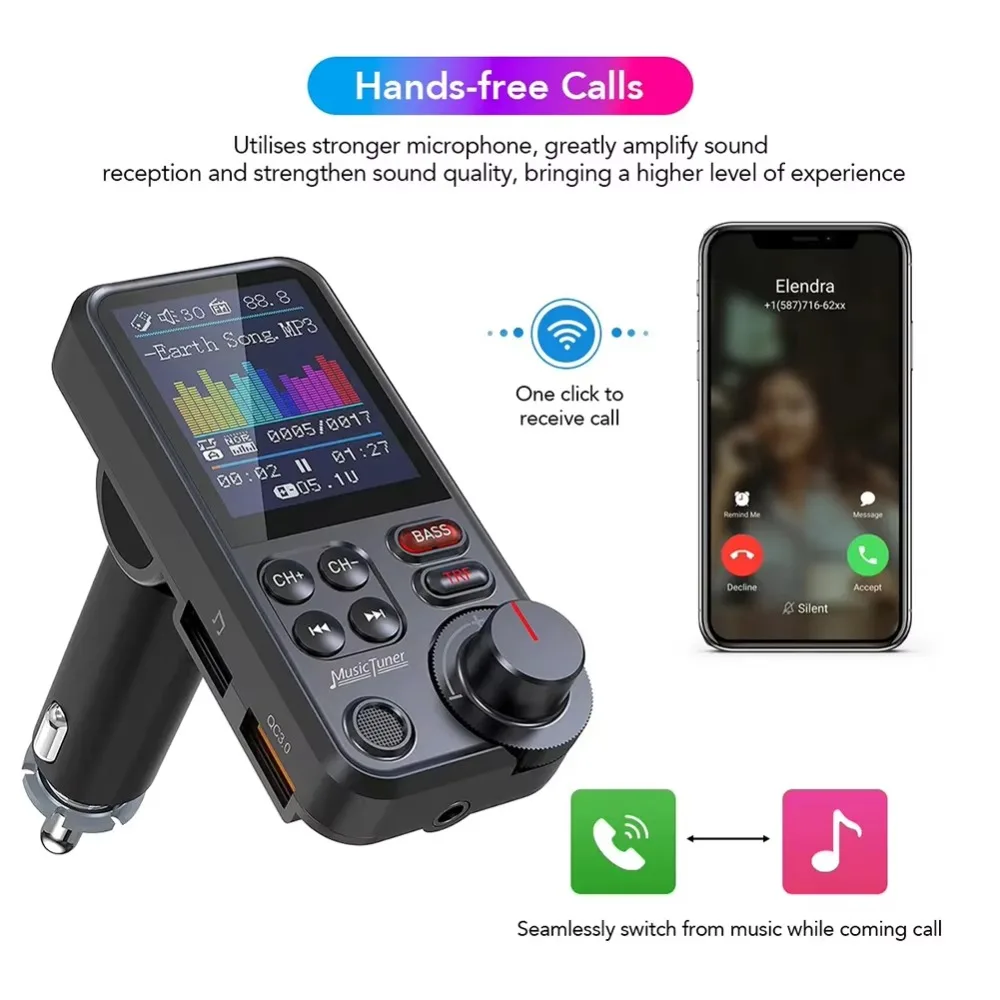 1.8 Inch Bluetooth-Compatible FM Transmitter Modulator Handsfree Car Radio QC3.0 Charging Hands Free Car Kit Car Charger Adapter