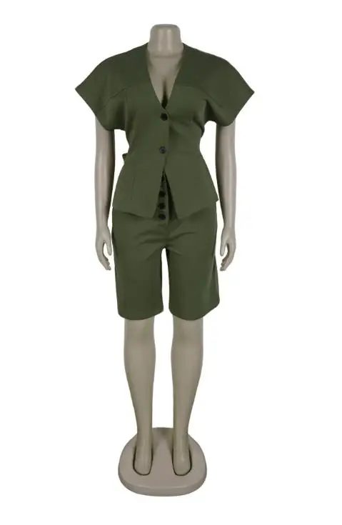 

Two Piece Set Women Outfit 2026 Spring Summer New Solid Color V-Neck Short Sleeve Top & High Waist Casual Middle Pants Set