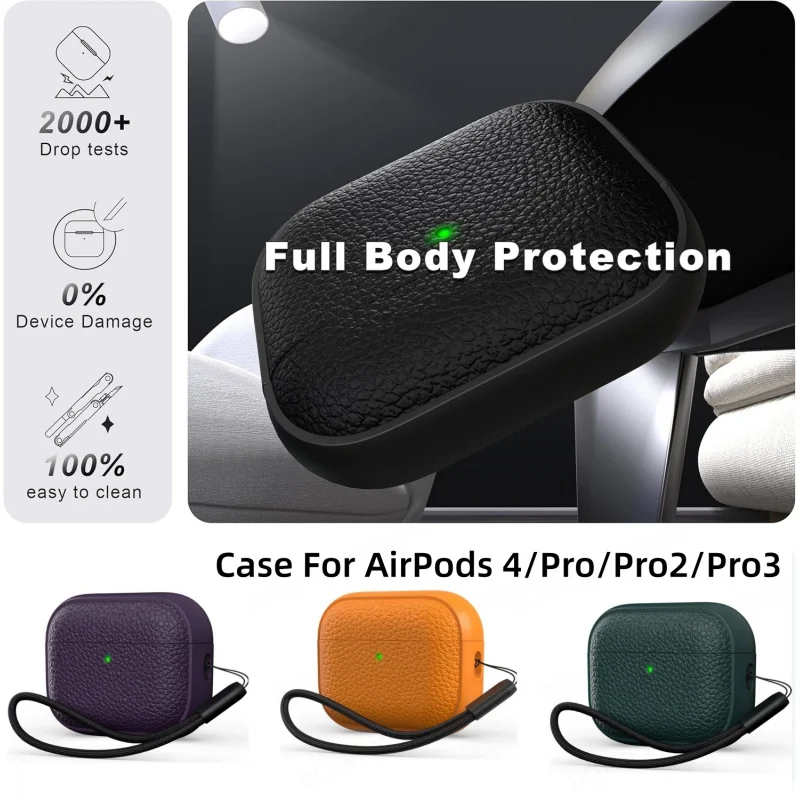 Étui de protection pour AirPods Pro, Pro 2, Pro 3 (design simili cuir) avec cordon, étui pour écouteurs pour AirPods 4 Pro, Pro2, 3