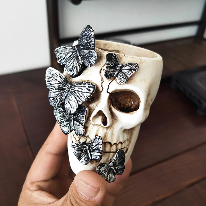 【3CS99】Skull Pen Cup Makeup Brush Holder Bathroom Storager Holder Spooky Goth Desk Decorations