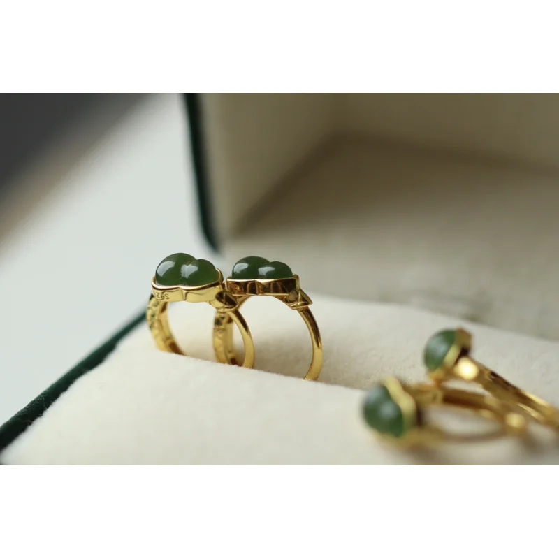 

Natural green auspicious fortune earrings, sterling silver plated with 18k gold, main stone 5x7mm, fine jade quality withou
