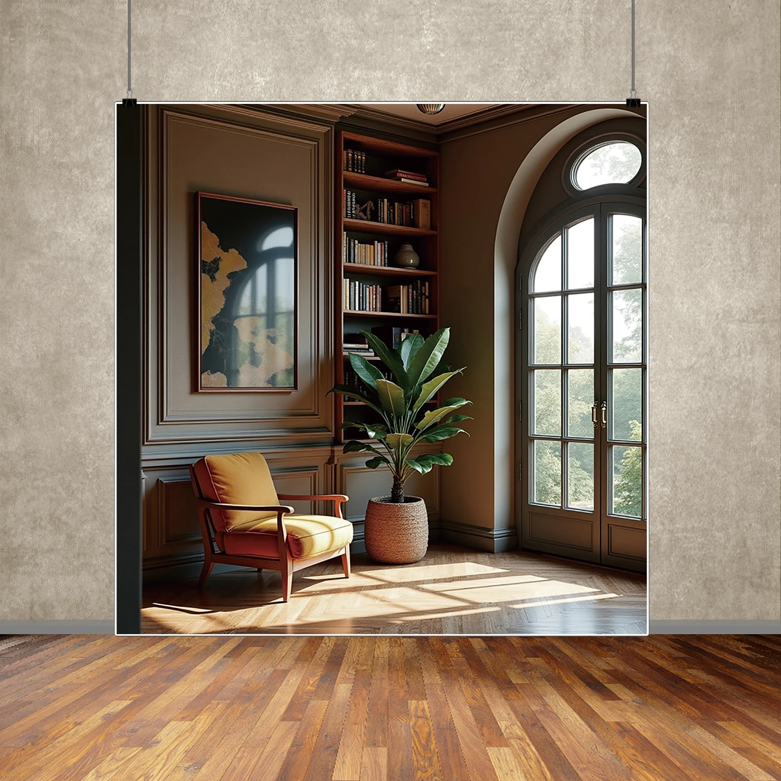 MOON.QG غرفة المعيشة الداخلية المنزل الأوروبي جدار خلفية التصوير خزانة أريكة نافذة ضوء الستار خلفية استوديو الصور #3