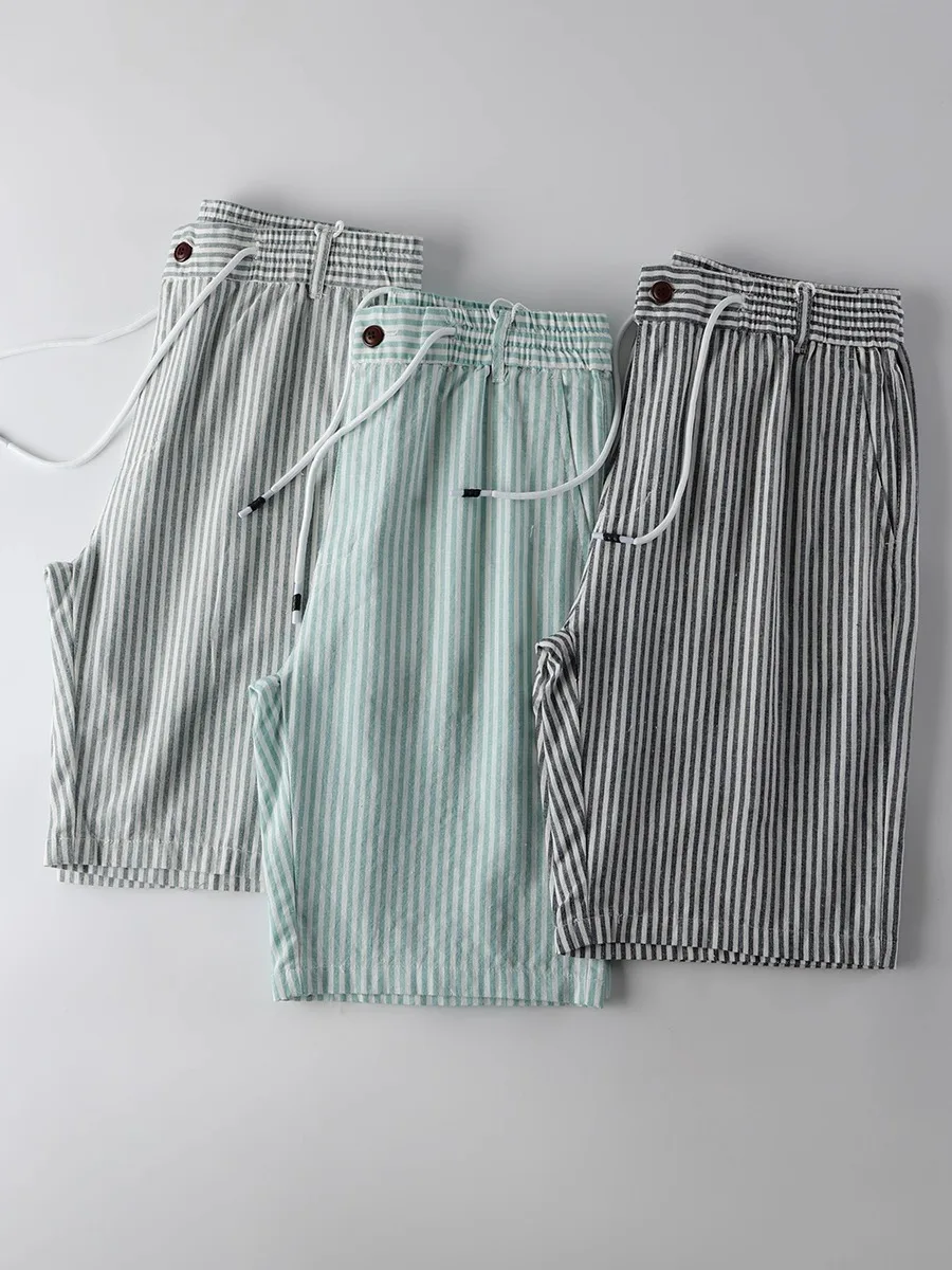 

Мужские повседневные шорты из хлопка и льна с полосатым узором, дышащие, модные, летние