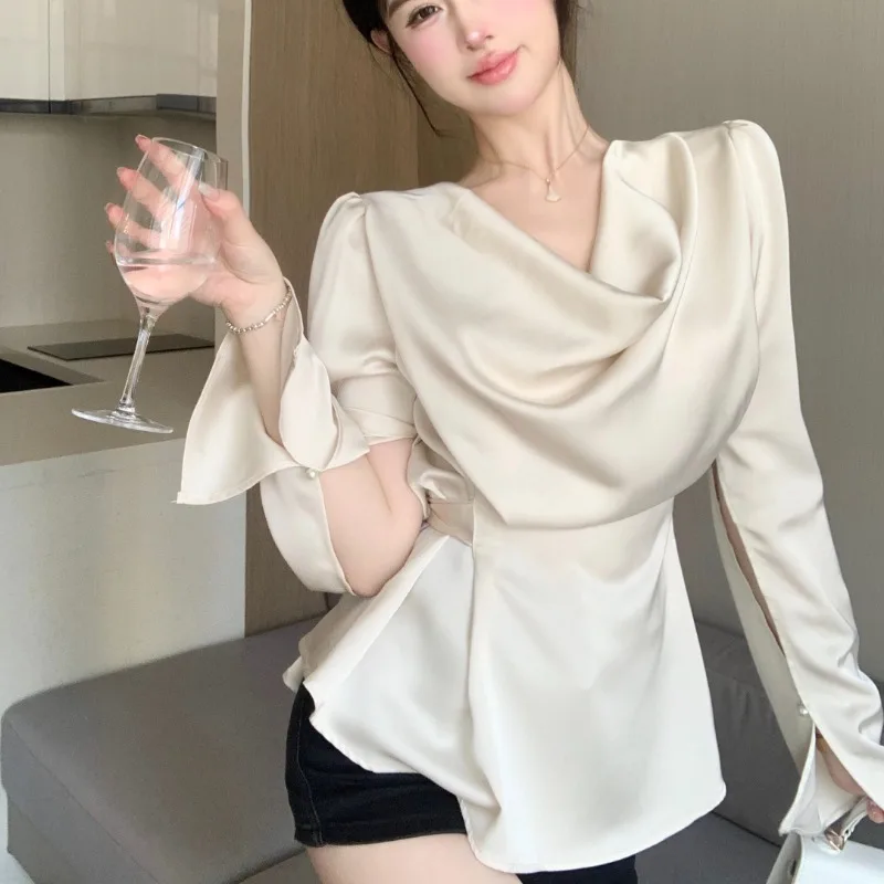 Apricot Long Sleeve Shirts Women Pile Collar Pure Color French Vintage Graceful All-match Tops Famous Lady Aesthetic Loose Ins