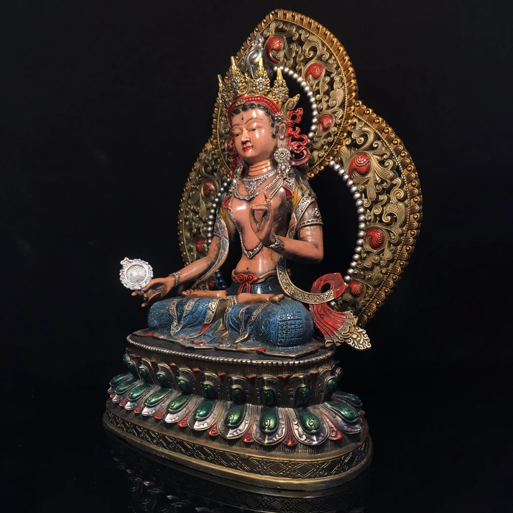 Old Copper Antique Painted Green Tara Statue with Halo Serene Face Fine Craftsmanship