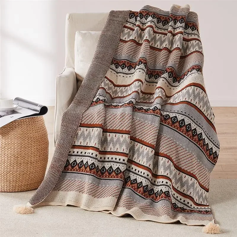 Knit Stripe Blanket Super Soft Bohemia Blanket For Bed Throw Blanket With Tassel Plush Warm Home Decorative Blankets