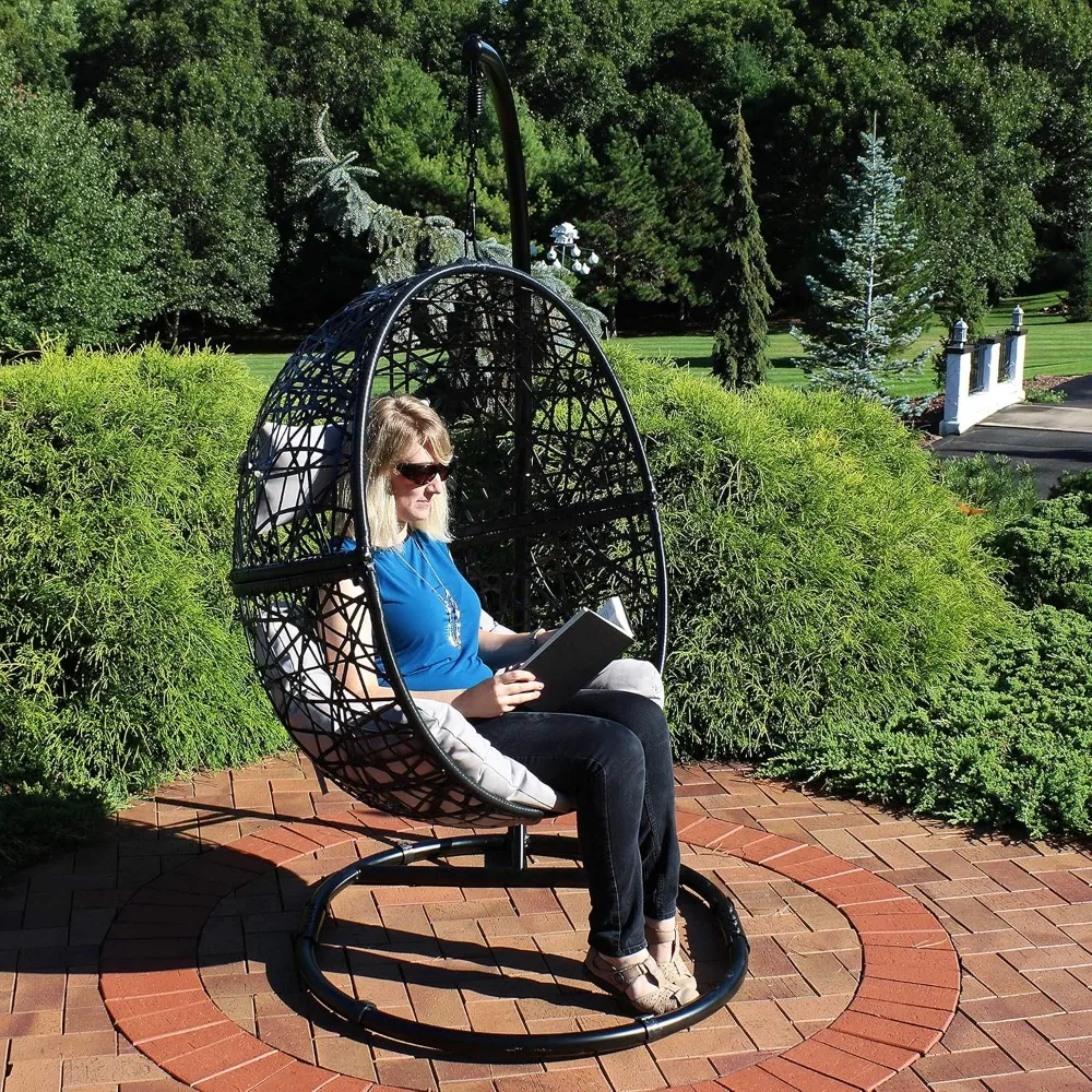 

Hammocks, Resin Wicker Hanging Egg Chair with Steel Stand - 265-Pound Weight Capacity - Includes Gray Cushions, Hammocks