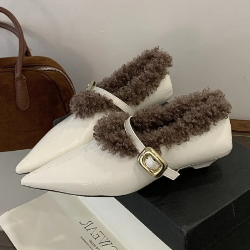 

Winter Fluffy Plush Warm Women's Low Heel Ankle Boots Fashion Metal Buckle Pointed Toe Pumps Comfortable Mary Jane Shoes Women
