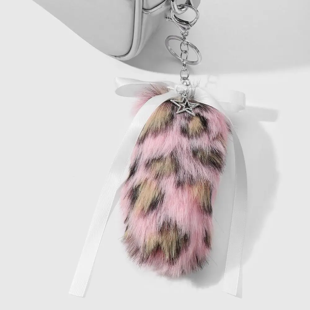 Fashion Y2K Style Fluffy Tail Keychain Leopard Print DIY Bag Charm Soft Gift Keychain Pendant Backpack Decoration