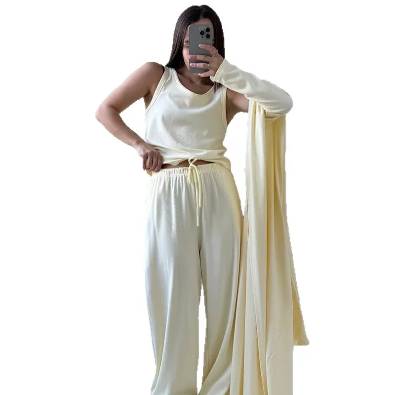 Roupas femininas europeias e americanas 2025 verão nova jaqueta cardigã solta casual, camisola calças de perna larga conjunto de três peças
