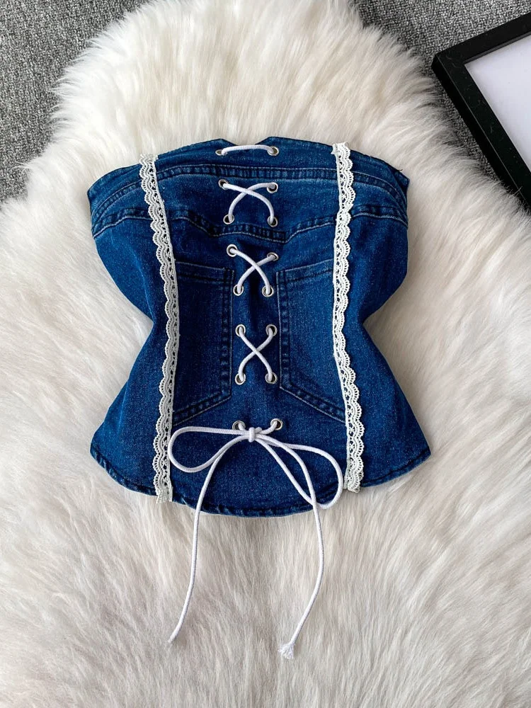 

American Sle Sexy ort Skirt Set Lace Trim Crop Top Denim Slimming Anti-Light Two-Piece Set for Young Women 8-25 Years Old