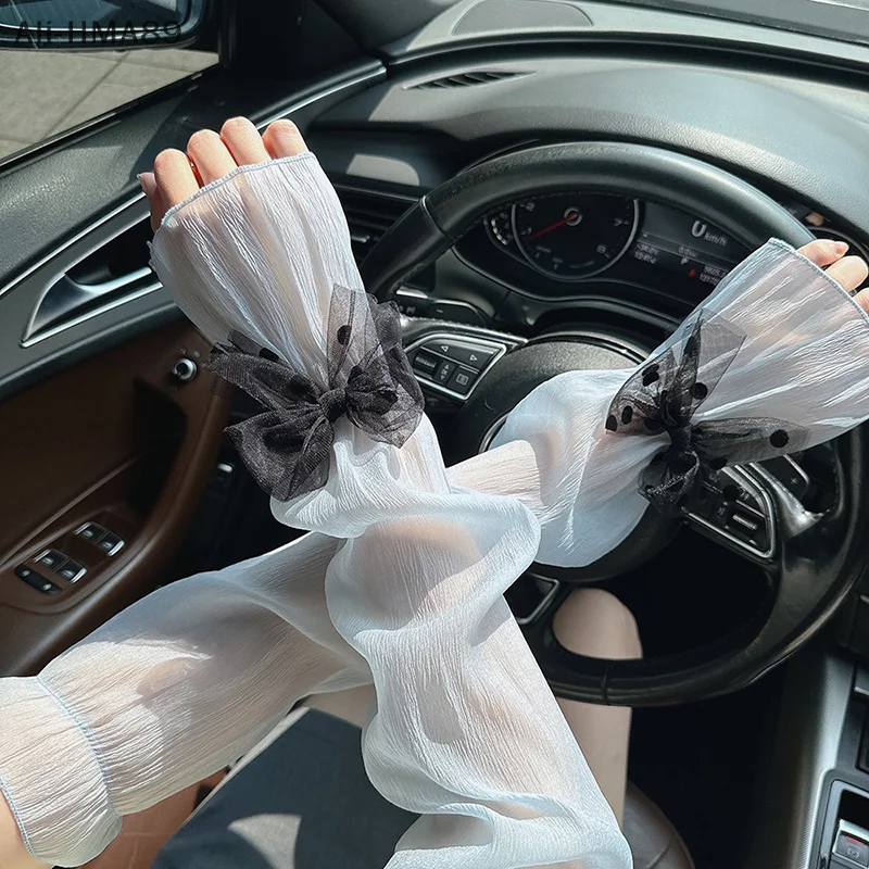 

1Pair Sun Protection Bow Gauze Sleeves Thin Fingerless Breathable Long Arm Sleeves Sweet Polyester Yarn Arm Sunscreen Covers