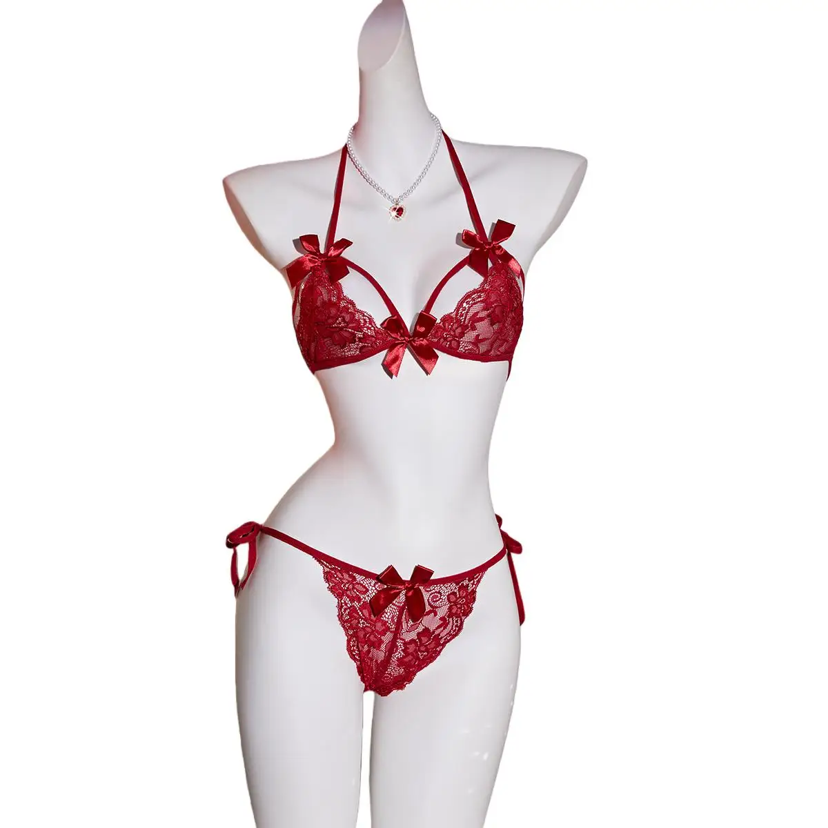 2PCS Women bow Bra Panties Set Sexy Lingeries transparent lace Kawaii Bikini Lace-up Strap red Breathable Soft Thin Underwear