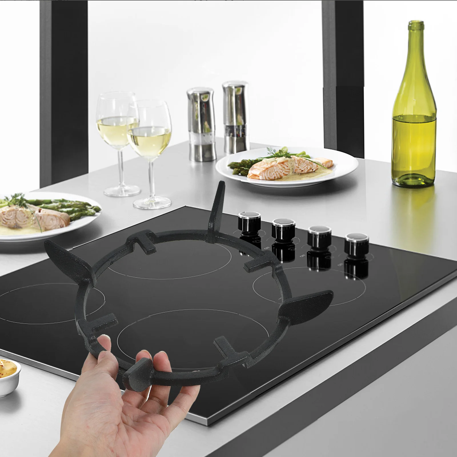 

Противоскользящее кольцо вока, чугунная опорная стойка, прочная защита верхней части плиты для сковороды, совместимая с большинством газовых варочных панелей вок