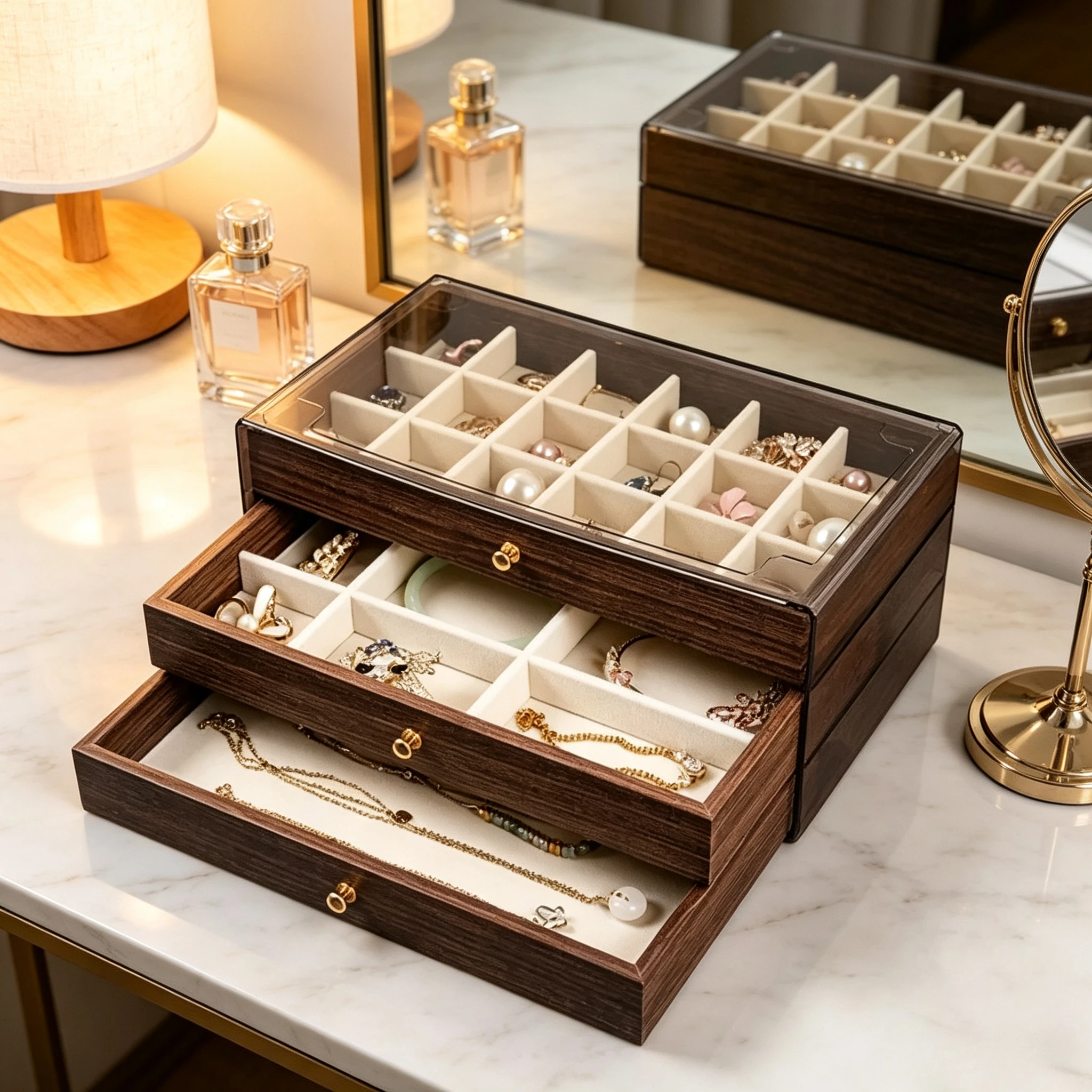 Wooden Multi‑Layer Jewelry Storage Box Transparent Window Desktop Holder for Ring Earring Necklace Bracelet