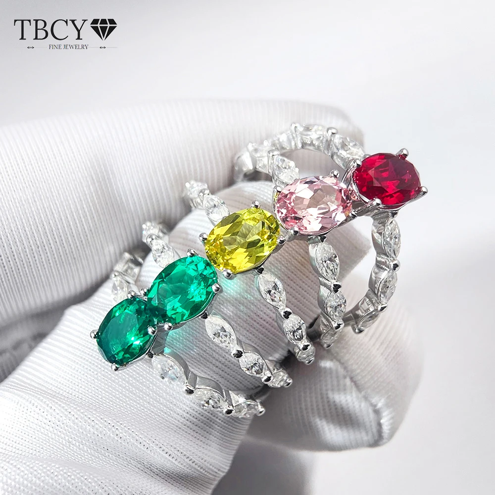 

TBCYD 1ct Lab Grown Ring S925 Sterling Silver Oval Diamond Colombia Zambia Emerald Ruby Ring For Woman Wedding Ring Fine Jewelry