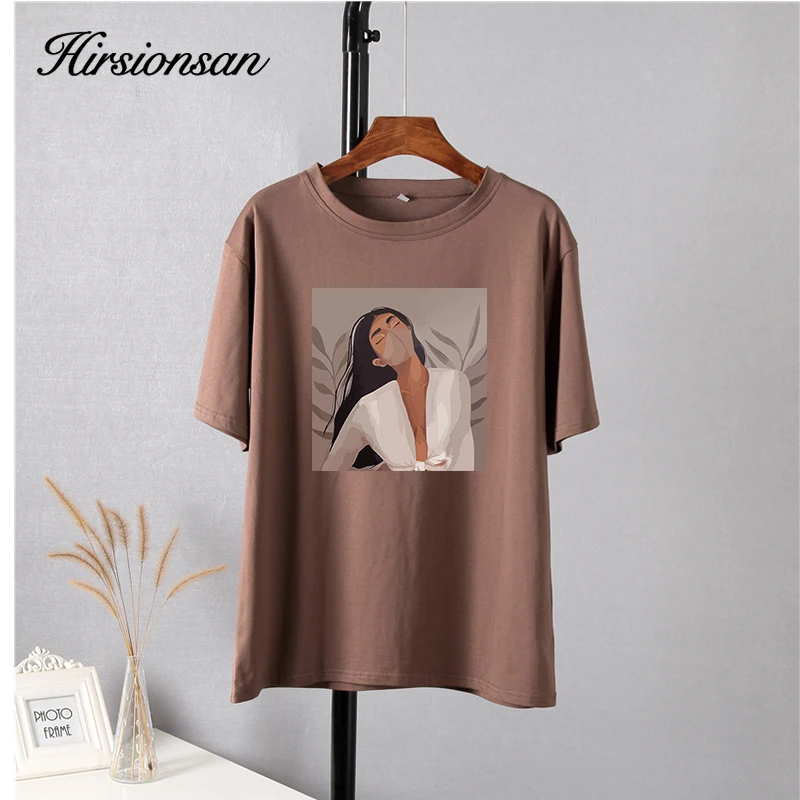 Hirsionsan T Shirt Women 2023 New Summer Githic Print Chic Tees 100% Cotton Vintage Jumper Clothes Oversized Casual Pullover Top