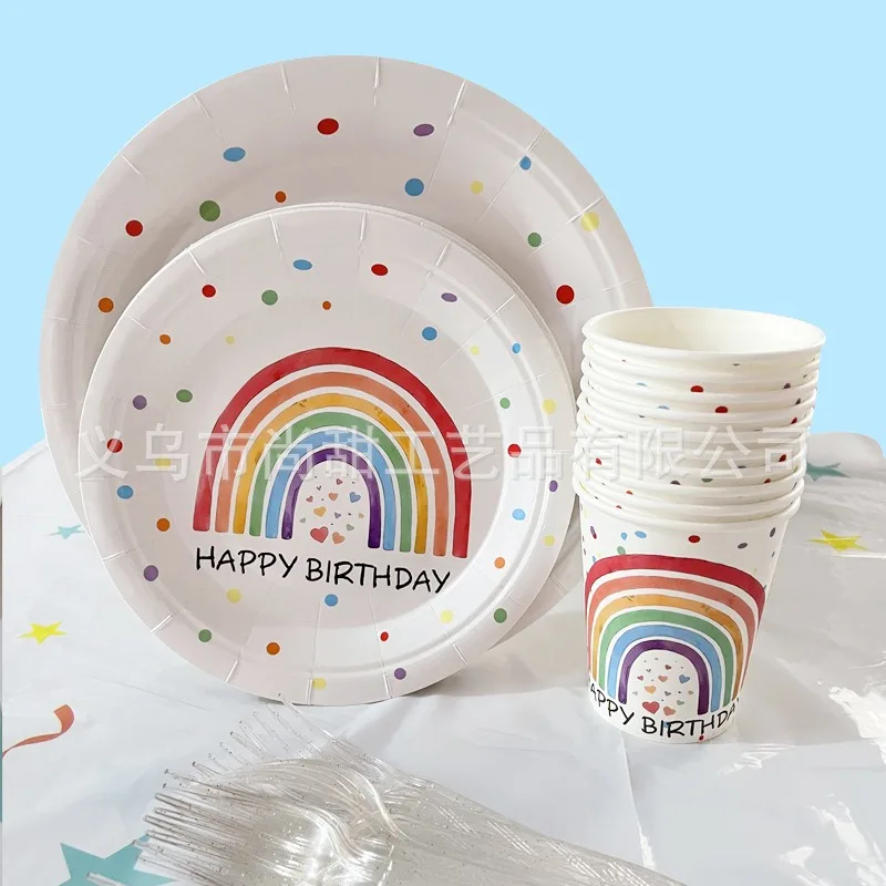 10 Stück Regenbogen Einweggeschirr Happy Birthday Teller Pappbecher Servietten Regenbogen Kindergeburtstag Party-Zubehör – Detail 1