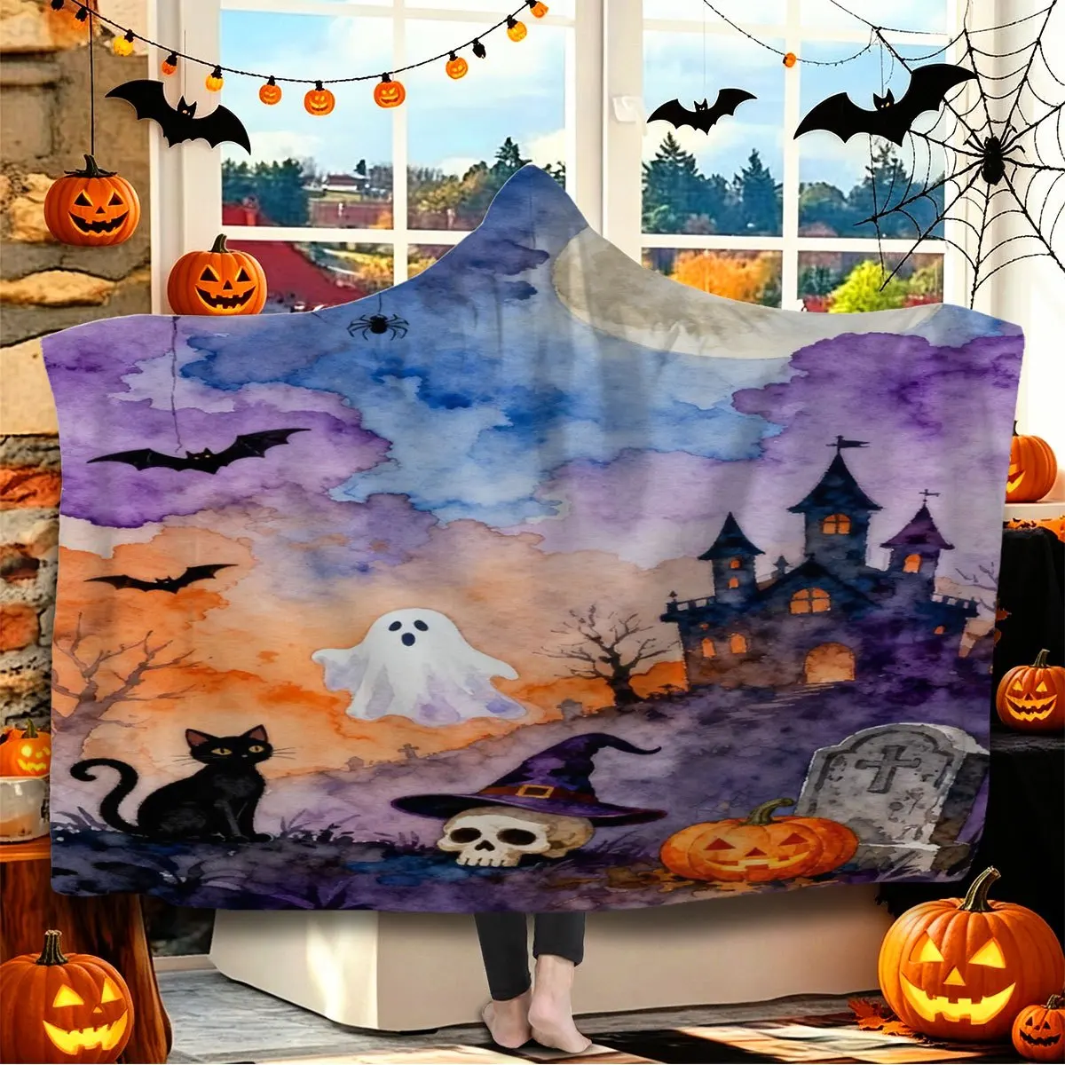 Watercolor Halloween Ghost Castle Theme Flannel Hooded Blanket Wearable Blanket, Skin-Friendly And Soft for All Seasons