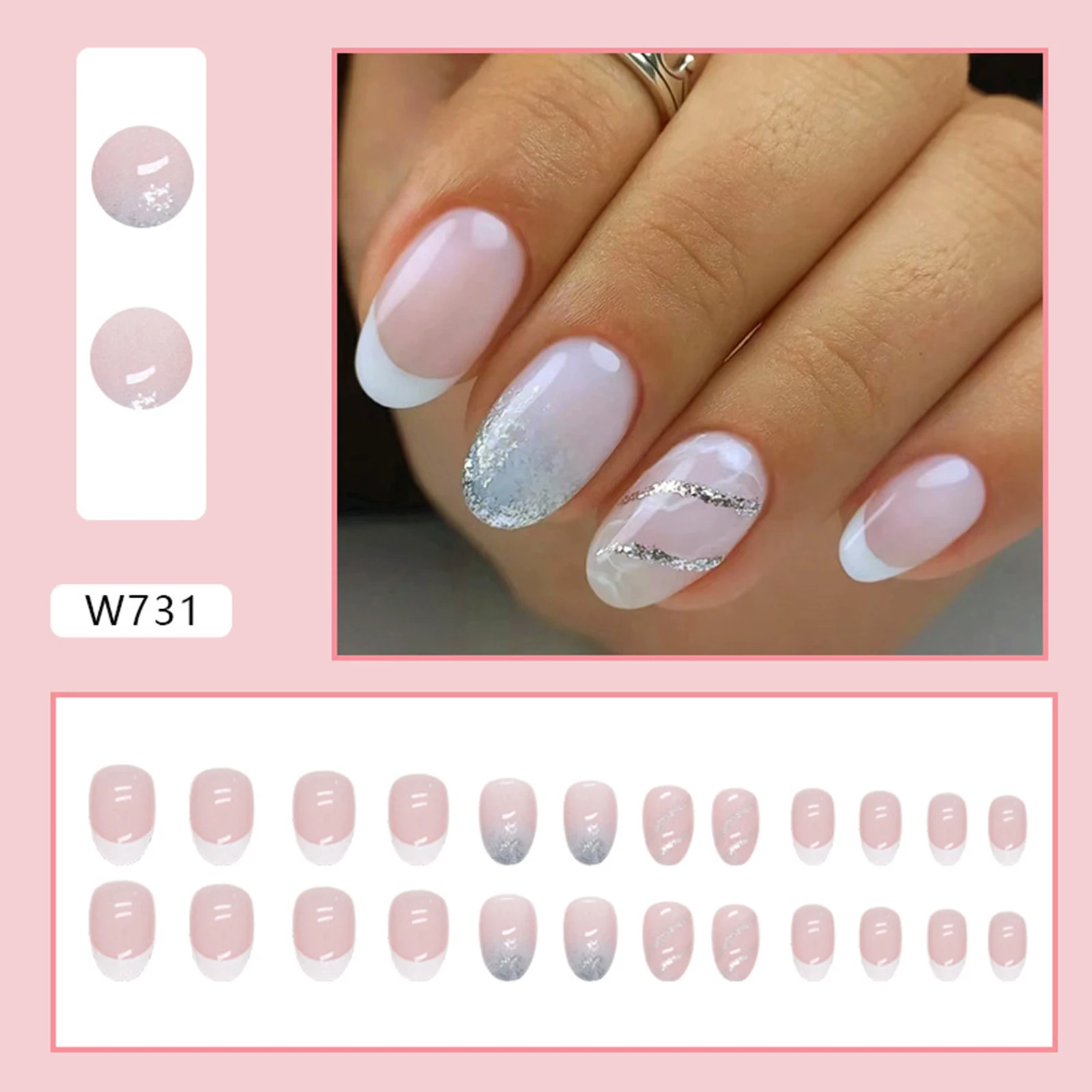 Light Pink with Glitter Short False Nails Easy to Apply Simple to Peel off Nails for Stage Performance Wear