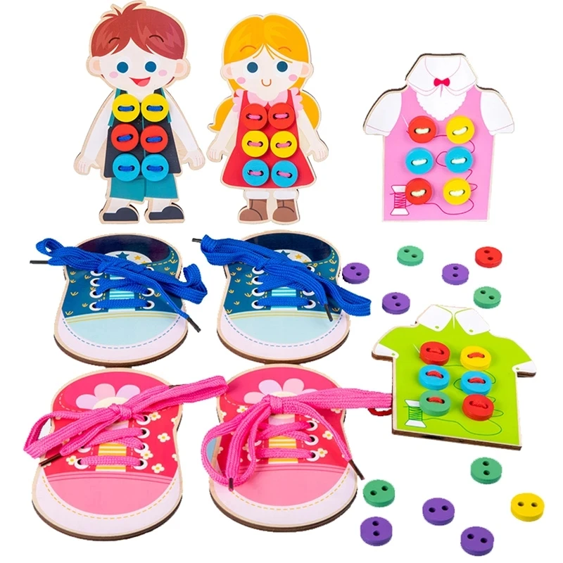 Jouets en bois Montessori pour bébé, apprendre à enfiler les vêtements, jeu de boutons, fuchsia, aides au dos, cadeau d'anniversaire pour garçons et filles