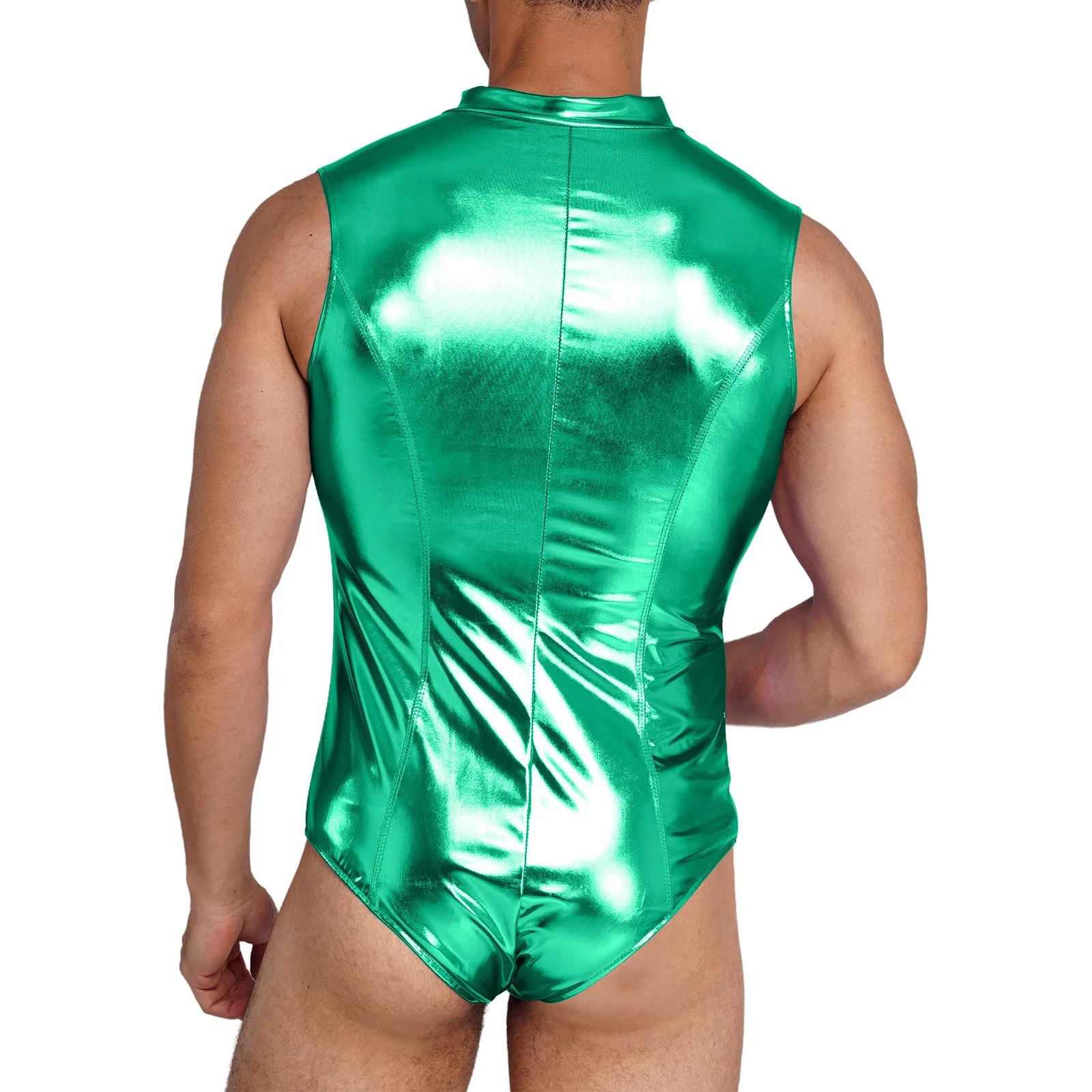 Men's Metallic Shiny Bodysuit Glossy Mock Neck Sleeveless Front Zipper Leotard Swimwear Bathing Suit Rave Disco Party Clubwear