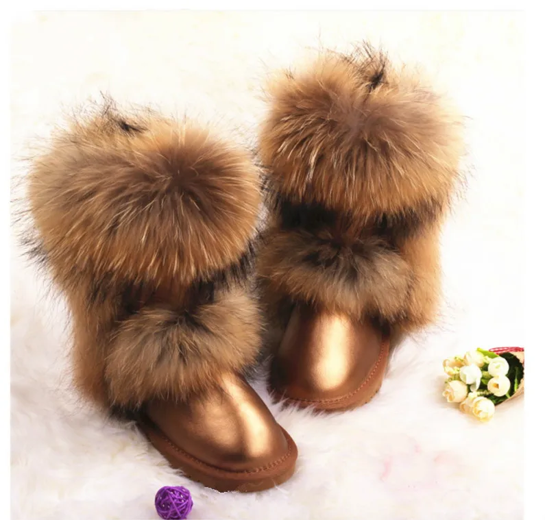 Winter Boots Women Genuine Leather Snow Boots Fox Fur Mid-calf Warm Boots Female Shoes Size 34-40